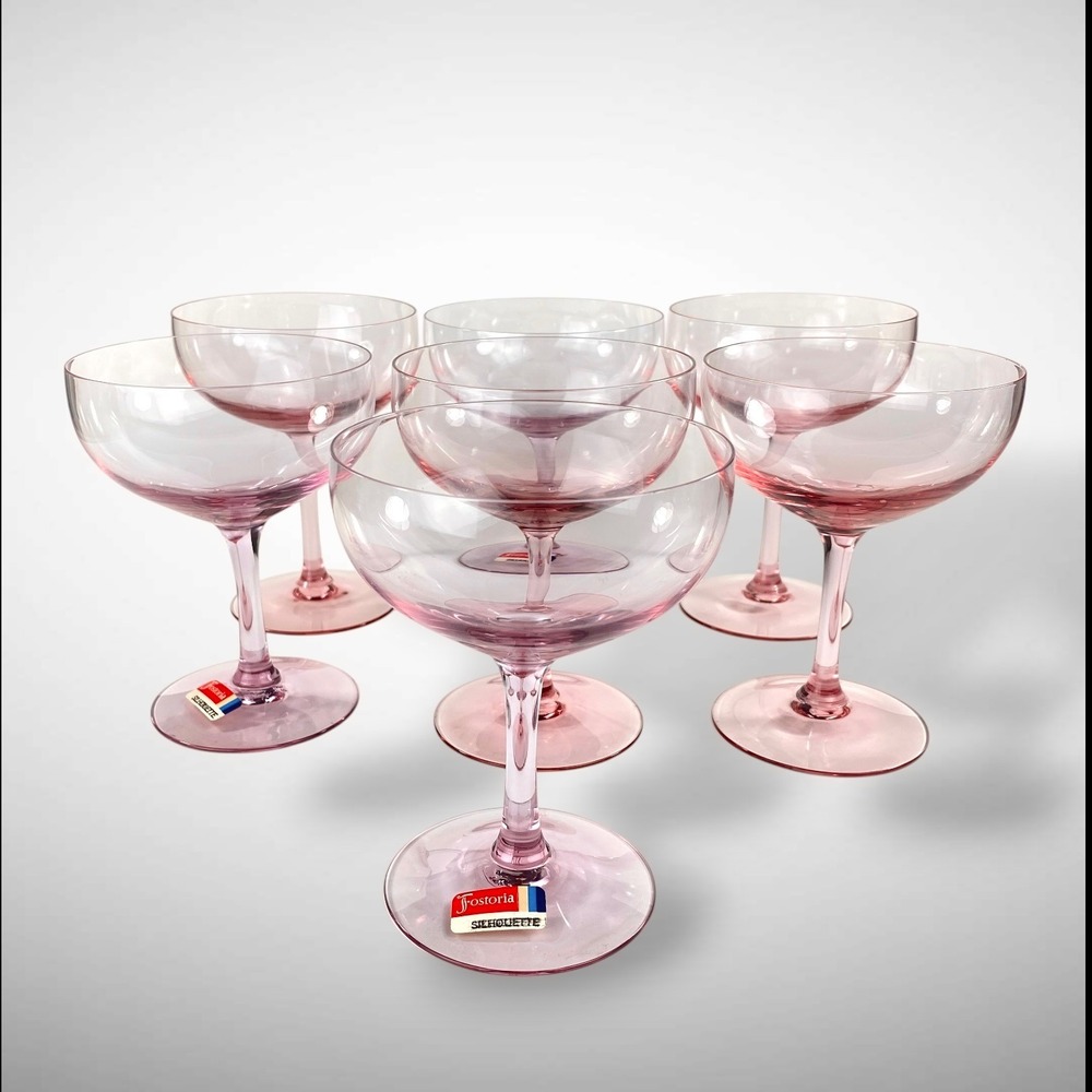 Fostoria Silhouette Pink Champagne Glasses Tall Sherbet Glasses Set 7 Signed Vtg
